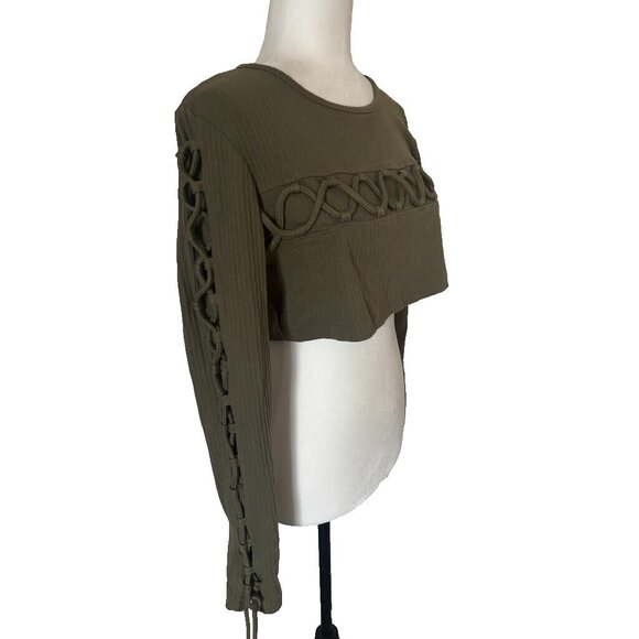 NWT MISSGUIDED Top Size 10 Khaki Green Ribbed Knit Crop Top Cross Lace Detail - Picture 4 of 8